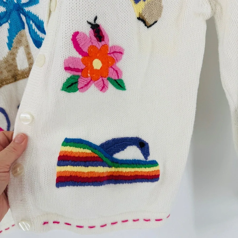 Vintage Thyme Cream Knit Cardigan Shoes Butterfly Novelty Size M Embroidered‎
